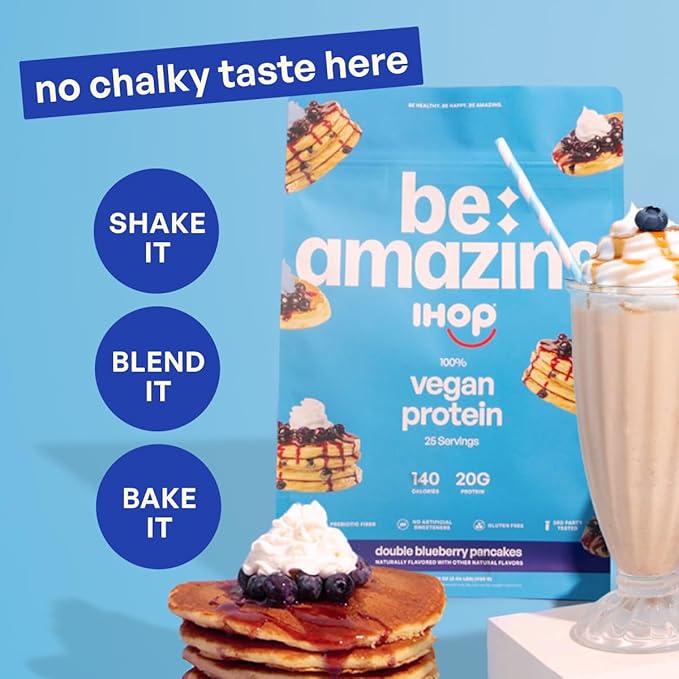 BE AMAZING Vegan Protein Powder, IHOP Double Blueberry Pancakes, 20g Plant Based Protein with Prebiotic Fiber, Low Carb, Dairy and Gluten Free Shake Mix, No Added Sugar, 29.3 oz, 25 Servings