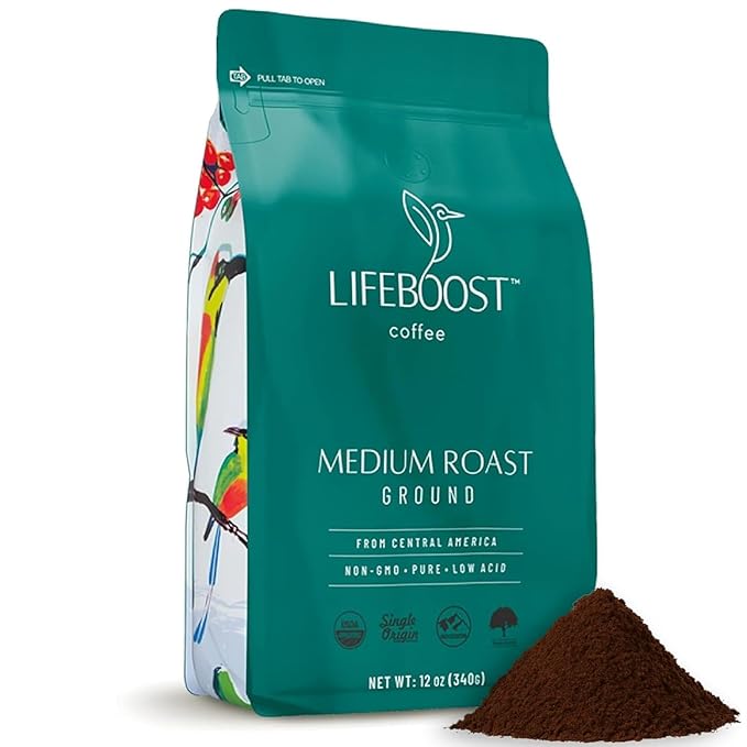 Lifeboost Coffee Ground Medium Roast Coffee - Low Acid Single Origin USDA Organic Coffee - Non-GMO Ground Coffee Third Party Tested For Mycotoxins & Pesticides - 12 Ounces