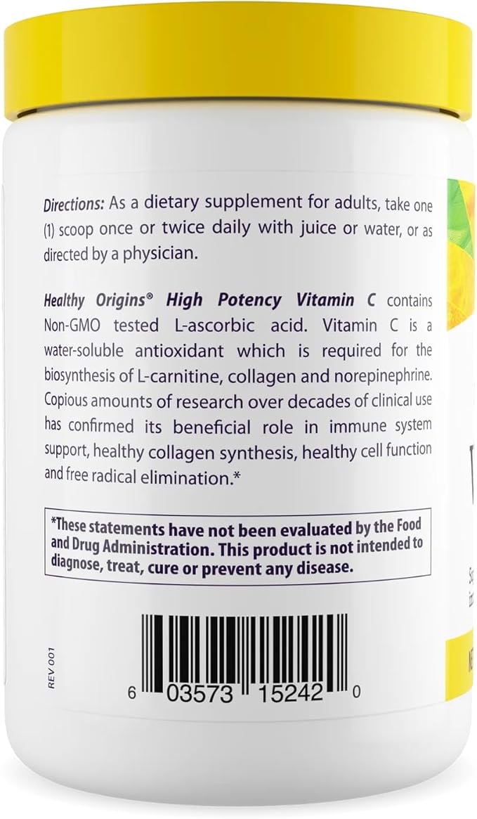 Healthy Origins Vitamin C Powder 1,000 mg (Non-GMO Tested, High Potency, Immune Support, Vegan) 16 Oz