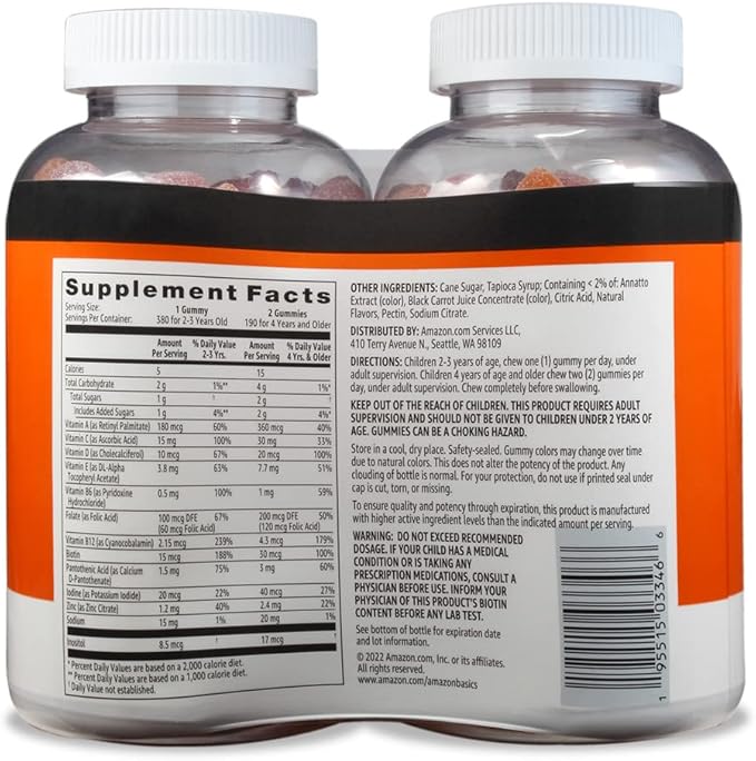 Amazon Basics Kids' Multivitamin Gummies, Cherry, Strawberry & Orange, 380 Count (2 Packs of 190) (2 per Serving) (Previously Solimo)