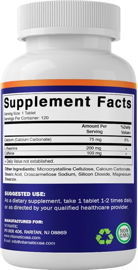 Vitamatic L-Theanine 200mg with Caffeine 100mg – 120 Vegetarian Tablets Nootropic Supplement for Focused Energy & Mental Clarity