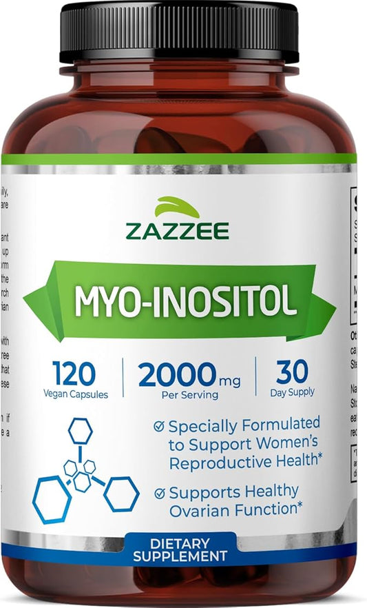 Zazzee Myo-Inositol Capsules, 2000 mg per Serving, 120 Vegan Capsules, Ideal Dosage for 40:1 Ratio, 100% Vegetarian, Hormone Balance & Healthy Ovarian Function Support, All-Natural and Non-GMO