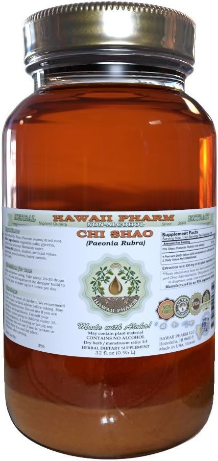 Chi Shao Alcohol-Free Liquid Extract, Chi Shao, Red Peony (Paeonia Rubra) Root Glycerite Hawaii Pharm Natural Herbal Supplement 32 oz Unfiltered