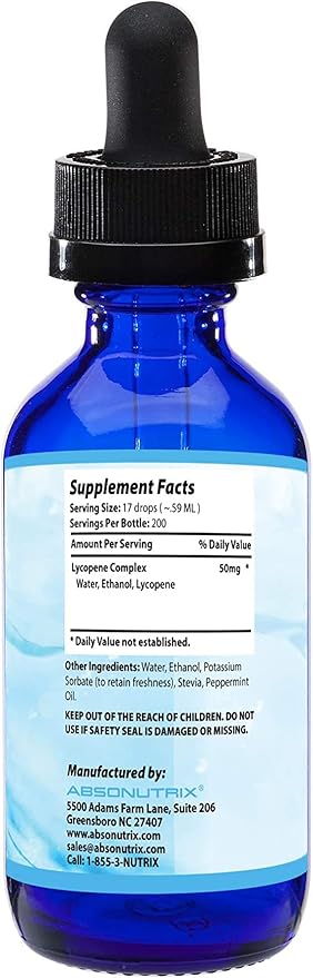 Absonutrix Lycopene Complex- 50 mg 4 Oz Bottle, 200 Highly Potent Servings, Pure Ingredients, Third-Party Tested, Quick Absorption, GMP-Certified, Non-GMO, Cruelty-Free Products, Made in USA