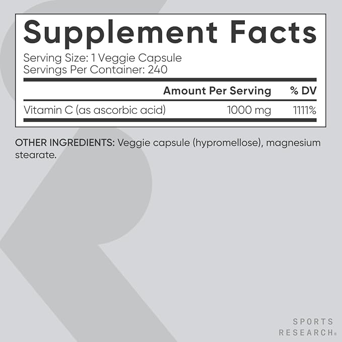 Sports Research High Potency Vitamin C Supplement - Vegan Veggie Capsules for Antioxidant Activity & Immune Support - Non-GMO Verified & Gluten Free - Ascorbic Acid Vitamin C 1000mg, 240 Count