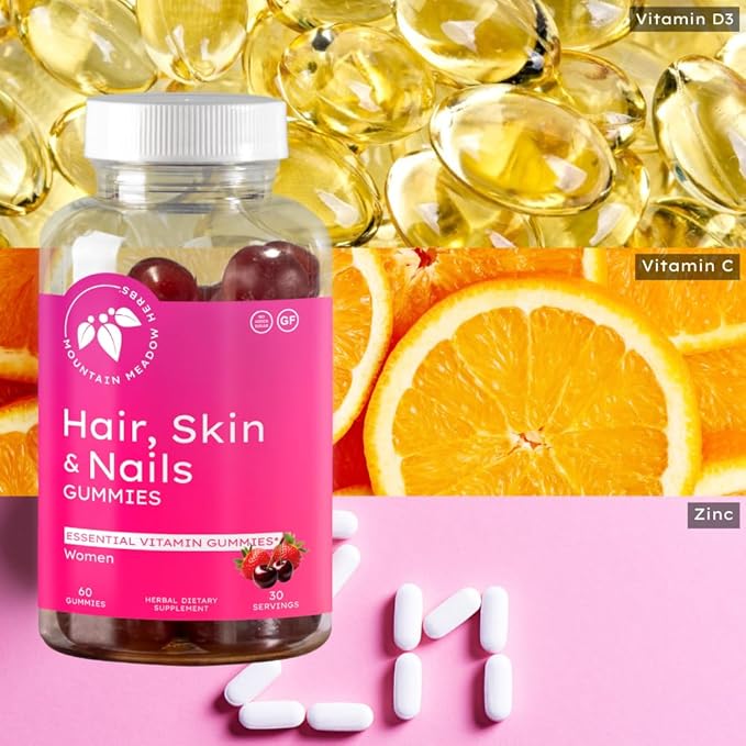Mountain Meadow Herbs Hair, Skin and Nails Gummies - Essential Daily Support for Lush Hair, Strong Nails, and Radiant Skin with Biotin-Infused Gummies (60 ct)
