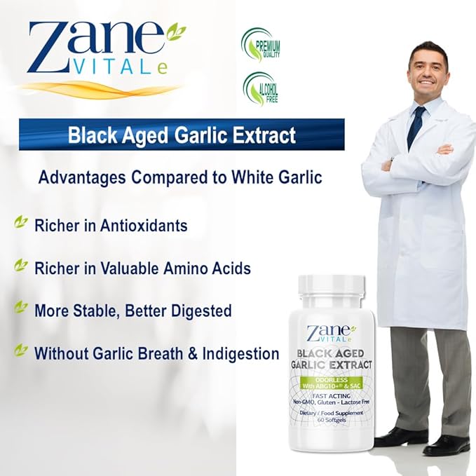 Zane - Aged Black Garlic Capsules - Immune System, Blood Pressure and Cholesterol Health Support - Less Odor - More Effective Than Allicin - 60 Capsules Non-GMO, Gluten - Lactose – Paraben Free.