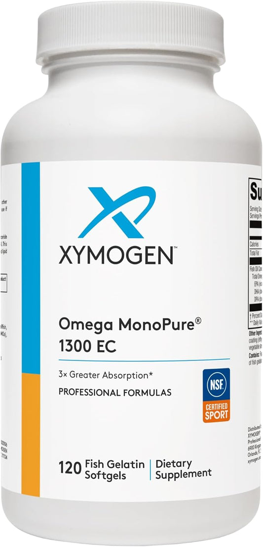 XYMOGEN Omega MonoPure 1300 EC - Fish Oil with 3X Greater Absorption - DHA EPA Omega-3 Supplement for Cardiovascular + Cognitive Support (120 Softgels)
