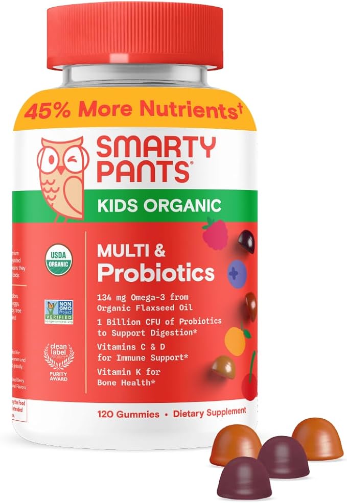 SmartyPants Organic Kids Multivitamin Gummies: Probiotics, Omega 3 (ALA), Vitamin D3, C, Vitamin B12, B6, A, K & Zinc for Immune Support, Biotin, Three Fruit Flavors, 120 Count (30 Day Supply)