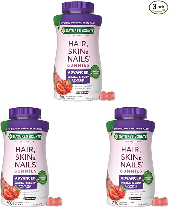 Nature's Bounty Optimal Solutions Advanced Hair, Skin and Nails Pectin Gummies, 2X Biotin Per Serving, No Stick Gummy, Vegetarian Formula, Strawberry Flavor, 200 ct, 100 Total Servings (Pack of 3)