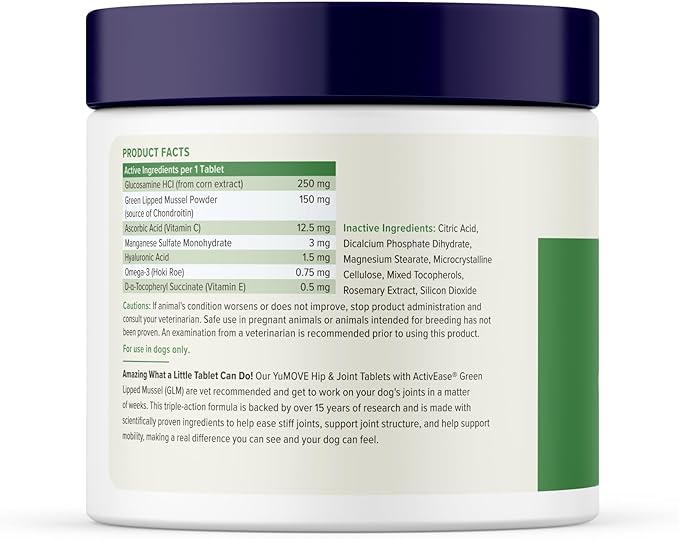Yumove Hip & Joint Supplement for Dogs with Glucosamine, Hyaluronic Acid, Green Lipped Mussel & Omega 3 Joint Supplement - Regular or Advanced Strength (300 Count, Chewable Tablets)