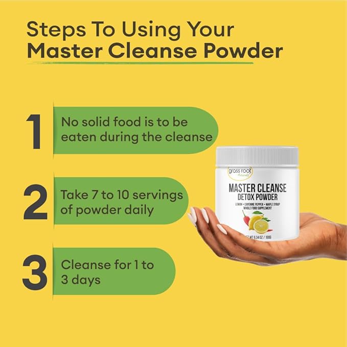 Grass Root Naturals Master Cleanse Detox Powder- Lemonade Detox 3-Day Plant-Based Supplement with Lemon, Maple Syrup, and Cayenne Diet, 6.34oz Container