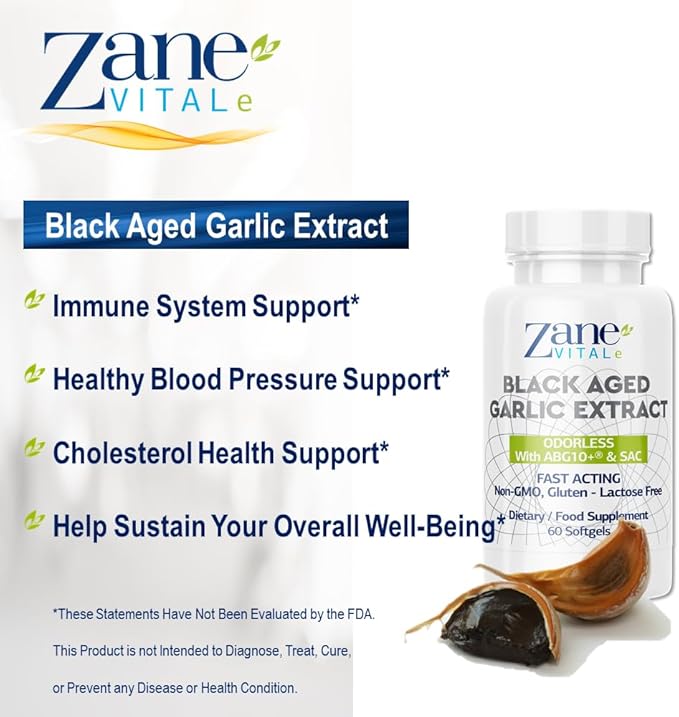 Zane - Aged Black Garlic Capsules - Immune System, Blood Pressure and Cholesterol Health Support - Less Odor - More Effective Than Allicin - 60 Capsules Non-GMO, Gluten - Lactose – Paraben Free.