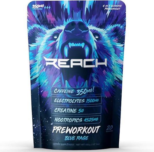 4-in-1 Pre-Workout Supplement Powder for Men and Women - Energy Supplement with 350mg Caffeine, Creatine & Electrolytes – Blue Rage, 20 Servings (350 mg Caffeine)