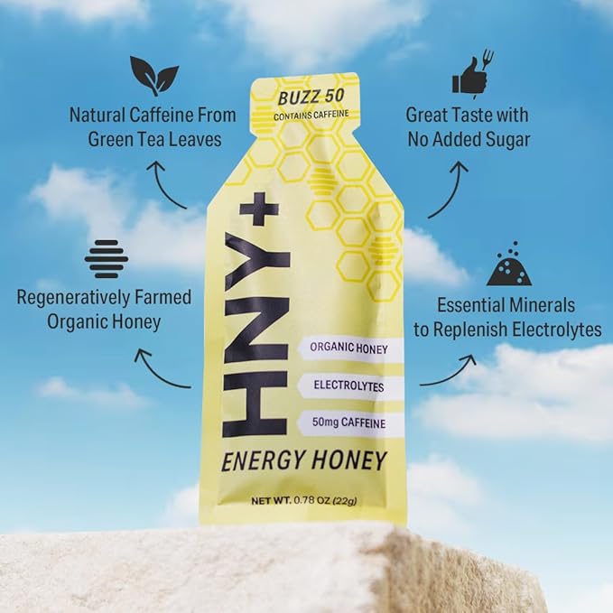 HNY+ Buzz Organic Honey Energy Gel with Electrolytes, Magnesium, Sea Salt, Potassium & Green Tea Caffeine, Gluten Free & Vegan, Workout Gels, for Gym, Running & Hiking, 50mg Caffeine, 12 Pack
