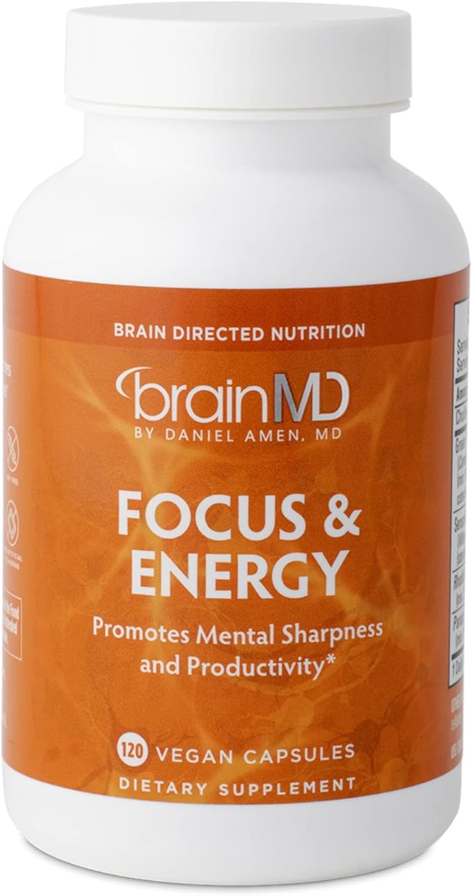 BRAINMD Dr Amen Focus & Energy - 120 Capsules - Mental Endurance Booster, Promotes Concentration & Attention - Caffeine Free, Gluten Free - 30 Servings