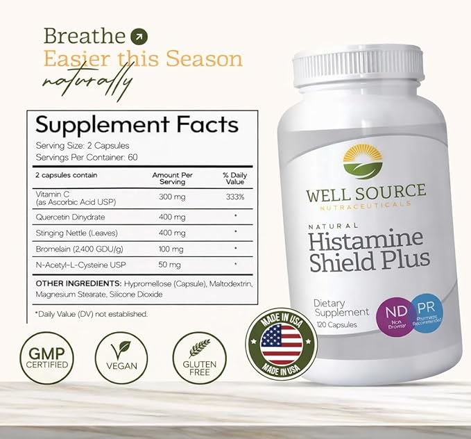 Histamine Shield Plus™ Natural Antihistamine Supplement for Adults, Sinus & Allergy Relief for Pollen, Pet Dander, Dust, Mold, and Odors, Quercetin with Bromelain & Stinging Nettle 120 Capsules