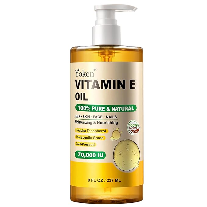 Yoken Vitamin E Oil 8 Fl Oz Organic Vitamin E oil for Skin 70,000 IU Vitamine oils for Scars Hair,Face,Nail,Scalp Perfect Bath and Body Oil Cold Pressed Hexane Free Non-GMO Gluten Free Formula
