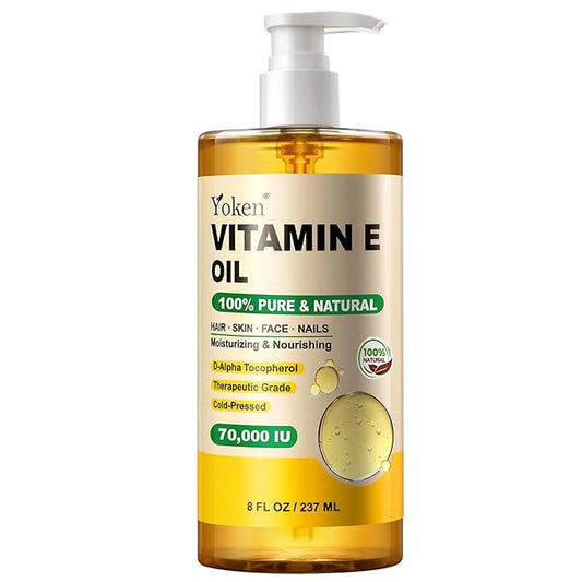 Yoken Vitamin E Oil 8 Fl Oz Organic Vitamin E oil for Skin 70,000 IU Vitamine oils for Scars Hair,Face,Nail,Scalp Perfect Bath and Body Oil Cold Pressed Hexane Free Non-GMO Gluten Free Formula