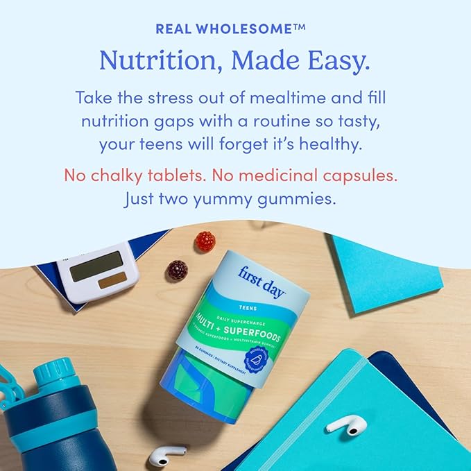FIRST DAY Vitamins for Teens - Teen Multi Vitamins for Girls & Boys 12-17, Organic Fruit & Veggie Blend - 12 Key Nutrients: Vitamins A, B1, B2, B6, B9, B12, C, D3, E, K2-60 Day Supply