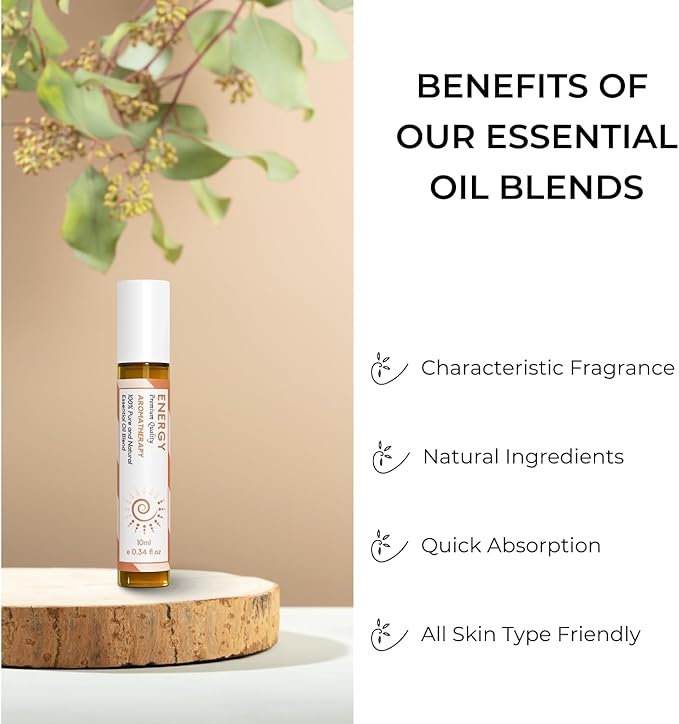 Benatu Energy Essential Oil Roll On Blend (with Clove, Lemon, Grapefruit Oil)- Travel Size Relaxing Roller for Body Topical Massage, Natural Scent Aromatherapy Gift for Women & Men 10ml