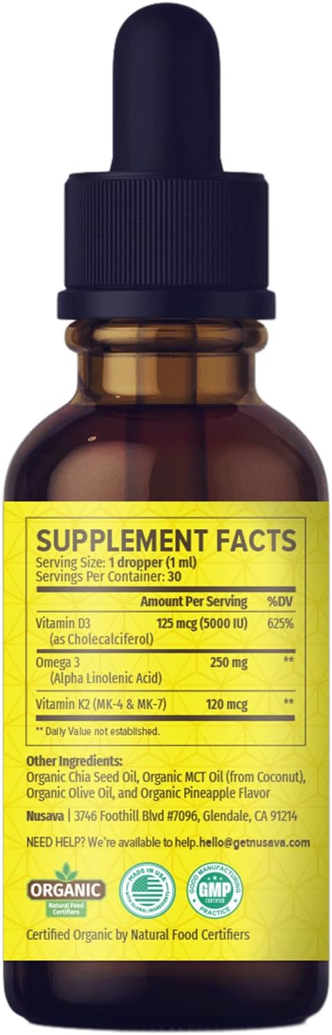 (2 Pack) Organic Vitamin D3 K2 Drops with MCT Oil Omega 3, Maximum Strength Vitamin D Liquid 5000 IU, No Fillers, Non-GMO Liquid D3 for Faster Absorption and Immune Support (Pineapple, 2 Fl Oz)