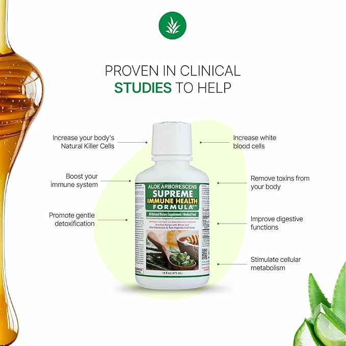 Supreme Immune Health Formula - Dr. Recommended Clinically Proven Immune Health Formula for Adults & Kids - Organic Whole Leaf Aloe Arborescens Juice + Raw Unpasteurized Honey for Immune Support -16oz