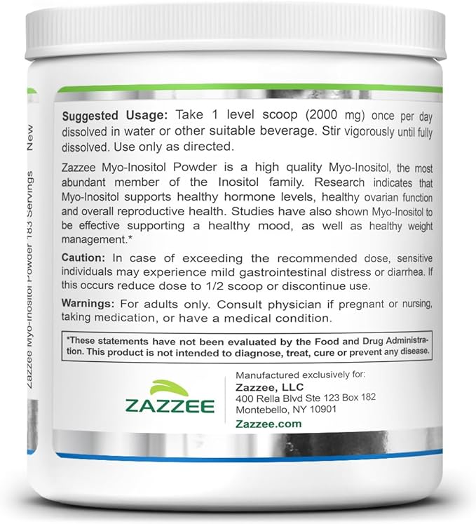 Zazzee Myo-Inositol Powder, 6 Month Supply, 183 Servings, 2000 mg per Serving, Free Scoop for Exact Dosage, 12.91 Ounces, 100% Pure, All-Natural Fertility and Reproductive Support, Vegan, Non-GMO