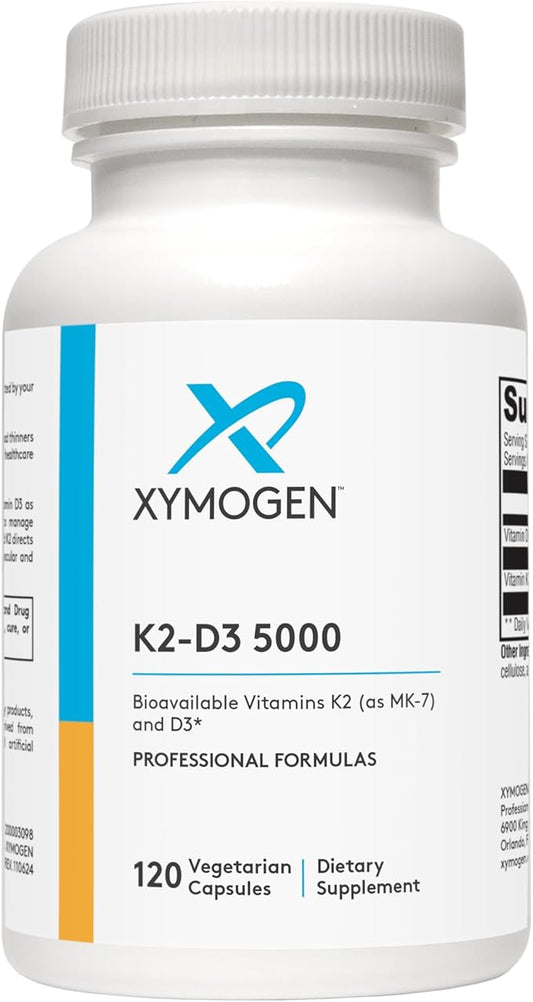 XYMOGEN K2-D3 5000 - Vitamin D3 K2 - Bioavailable Vitamin D 5000 IU (Cholecalciferol) with MK-7 - Heart, Arterial, Bone Health + Immune Support Supplement (120 Capsules)