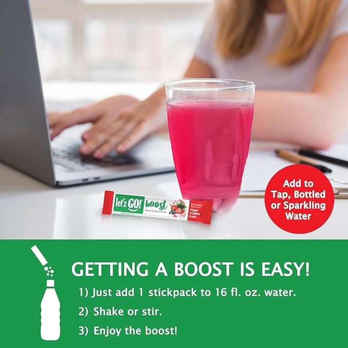 Let'z Go Clean Energy Drink Mix – Natural Caffeine Packets, Vitamins C + D, Electrolytes, Sugar-Free, Zero Calories | Anytime Energy | 30 Count (Mixed Berry)