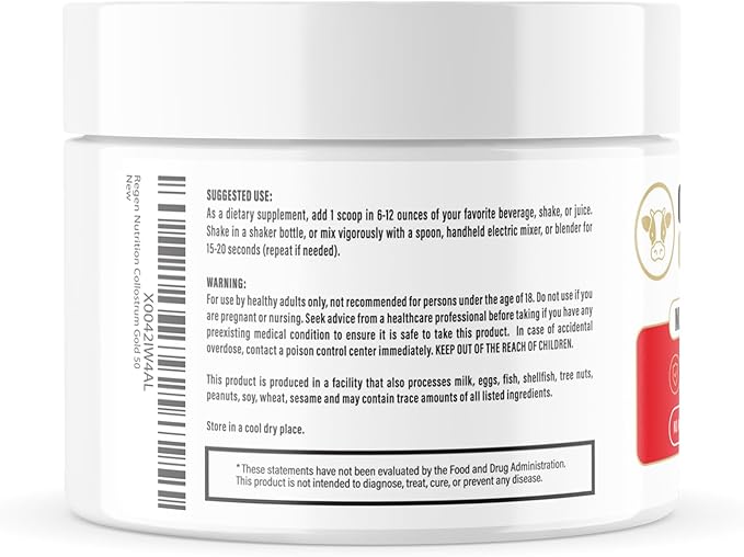 Re+Gen Nutrition Colostrum Gold 50 Bovine Colostrum Powder for Gut Health, Immune Support & Muscle Recovery – 50% IgG Concentration, Grass Fed, Gluten Free, No Artificial Ingredients