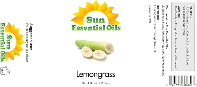 Sun Essential Oils - Lemongrass Essential Oil 4 oz with Dropper for Diffuser, Hair & Skincare, Aromatherapy Massage, Humidifier, Candle, Soap & Lotion Making at Home