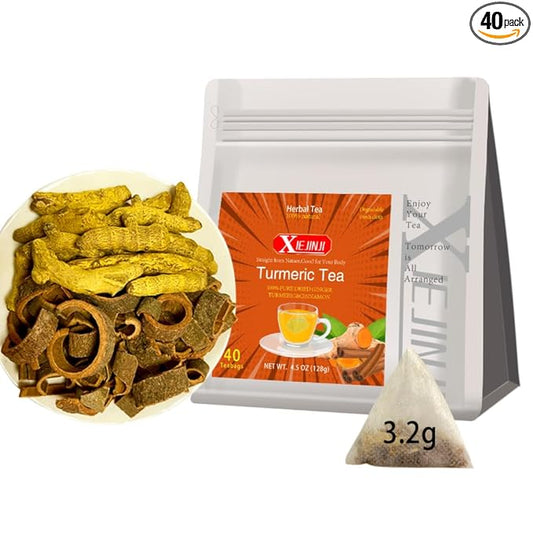 XIEJINJI Turmeric Ginger, 40 Teabags, 100% Natural Ingredients, Spicy & Smooth Flavor, Support Brain, Weight, Skin and Sleep, No Sugar, No Caffeine, No Additives, Eco-Conscious Tea Bags