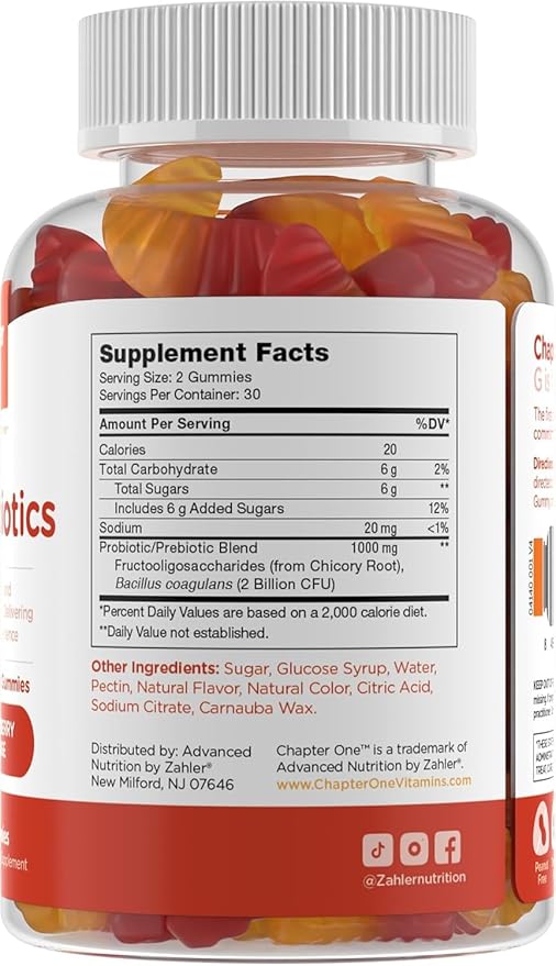 Zahler Chapter One Probiotic Gummies, with a Prebiotic and Probiotic Blend, Delivering a synbiotic Experience, Raspberry and Orange Flavored Gummies, 60 Count.