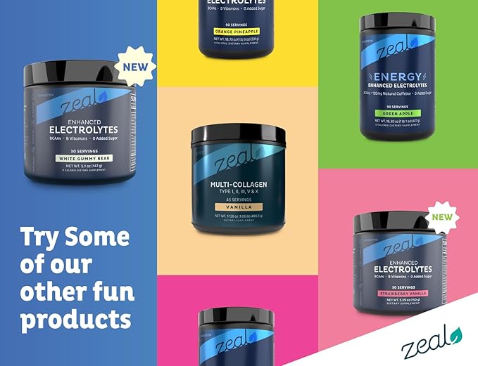 Zeal Electrolyte Powder - 90 Servings | Keto Electrolytes Powder | Zero Sugar, BCAAs, B-Vitamins | Potassium, Zinc, Magnesium | Hydration Powder Recovery Drink | White Gummy Bear
