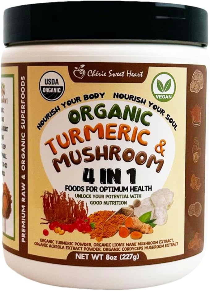 Cherie Sweet Heart Turmeric & Mushroom 4-in-1 | All-Natural, Plant-Based Powdered Drink Mix | Immunity & Wellbeing | Organic, Non-GMO, Vegan, Gluten-Free | No Sugar Added | 8 oz Jar