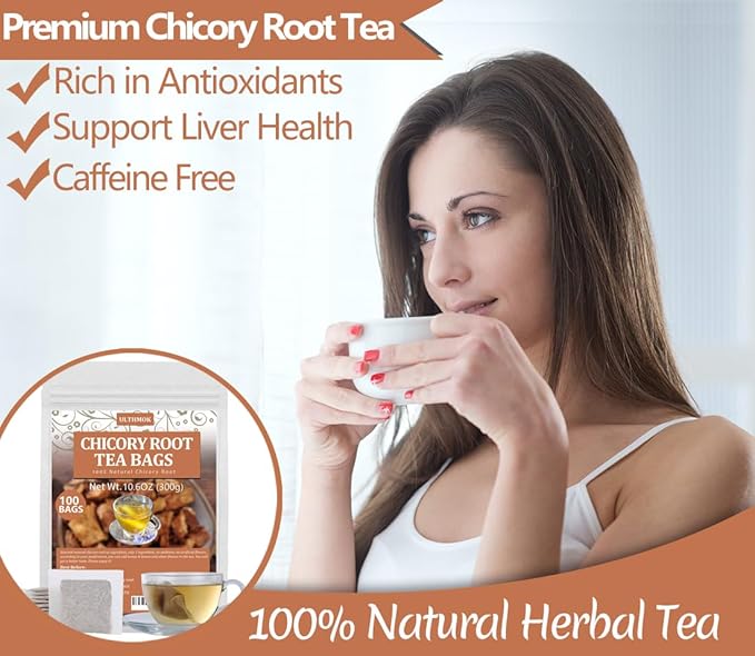 100 Premium Chicory Root Tea bags, Made with 100% Natural Chicory Root, Coffee Alternative，Support Liver Health & Rich in Antioxidants, No Additives & Caffeine Free.