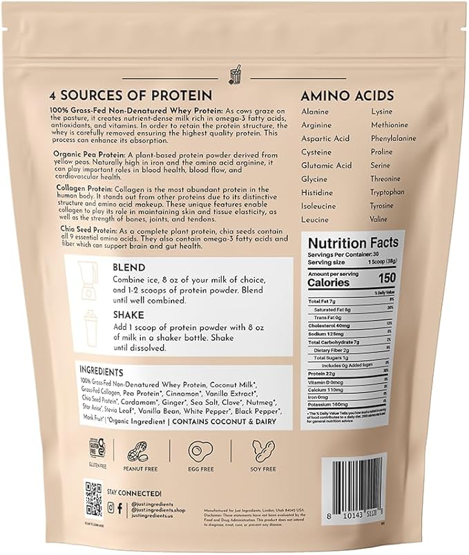 JUST INGREDIENTS Chai Protein Powder – 30-Serving Blend with 100% Grass-Fed Whey & Organic Plant Proteins – Warm Spice Flavor with Cinnamon, Ginger & Cardamom – Supports Muscle Recovery, Energy*