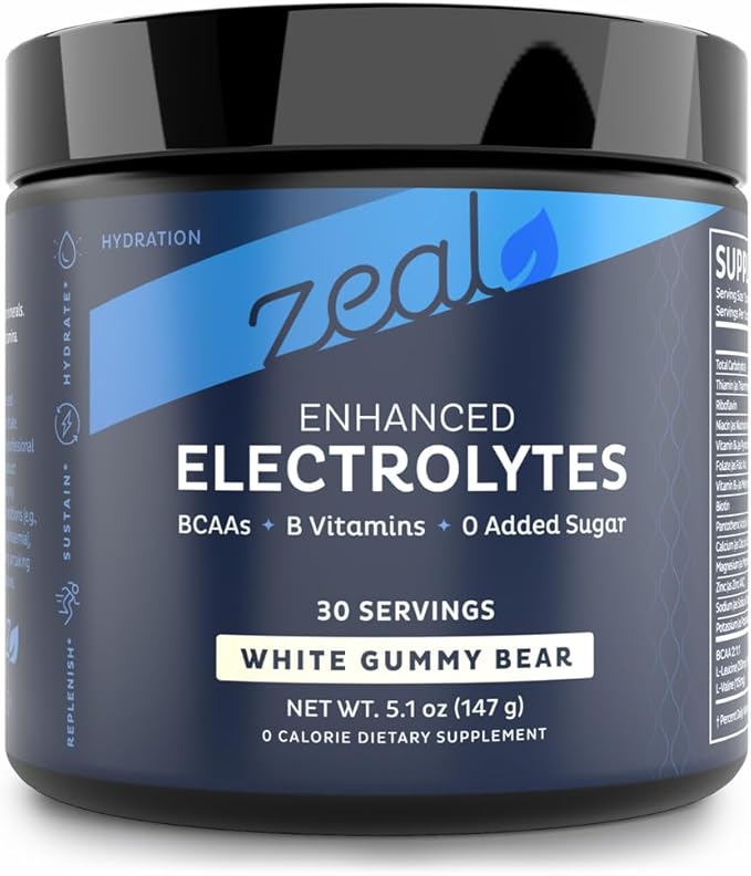 Zeal Electrolyte Powder - 90 Servings | Keto Electrolytes Powder | Zero Sugar, BCAAs, B-Vitamins | Potassium, Zinc, Magnesium | Hydration Powder Recovery Drink | White Gummy Bear