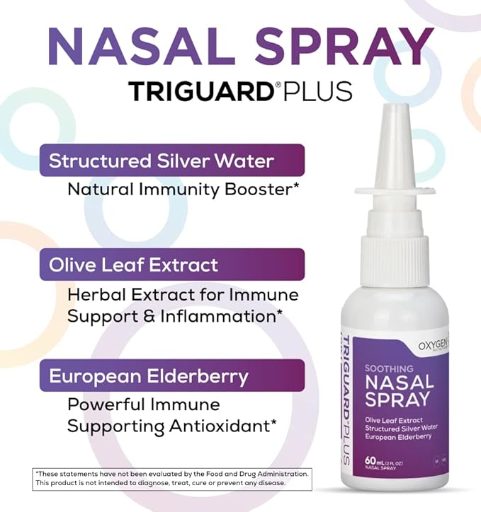 TriGuard Plus Colloidal Silver Nasal Spray with Olive Leaf Extract & Elderberry Extract | Sinus Treatment, Nose Spray & Immune System Booster 2 oz / 60ml, Made in USA (Packaging May Vary)