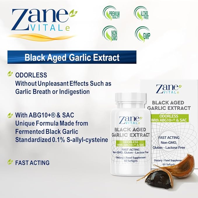 Zane - Aged Black Garlic Capsules - Immune System, Blood Pressure and Cholesterol Health Support - Less Odor - More Effective Than Allicin - 60 Capsules Non-GMO, Gluten - Lactose – Paraben Free.