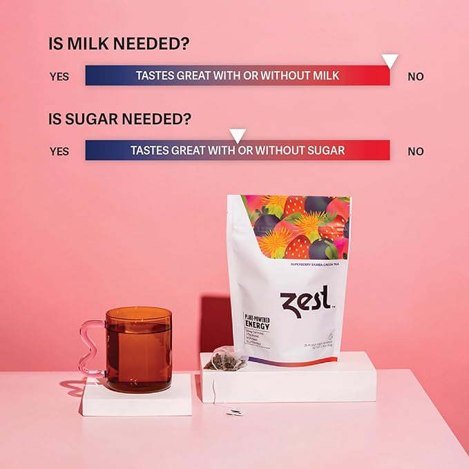 Zest Energy Green Tea - Superberry Samba - High Caffeine Strawberry, Acai, & Passion Fruit Tea - Caffeinated Coffee Altnernative with Antioxidants - Natural, Non-GMO & Keto - 20Ct Pack - 135mg Caf