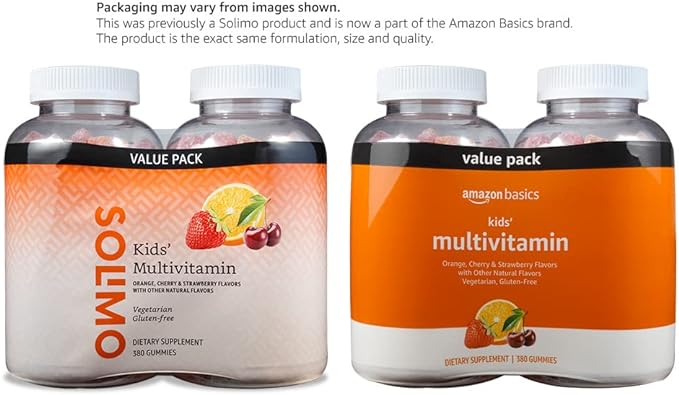 Amazon Basics Kids' Multivitamin Gummies, Cherry, Strawberry & Orange, 380 Count (2 Packs of 190) (2 per Serving) (Previously Solimo)