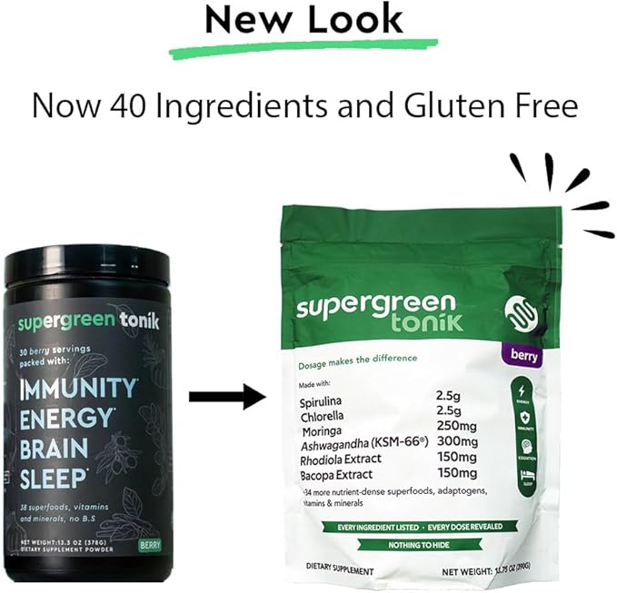 100% Natural Greens Superfood Powder – Daily Supplement with 40 Superfoods, Vitamins and Minerals – Supports Energy, Stress and Immunity – 30 Days 360 Grams Berry Flavor (1 Bag)