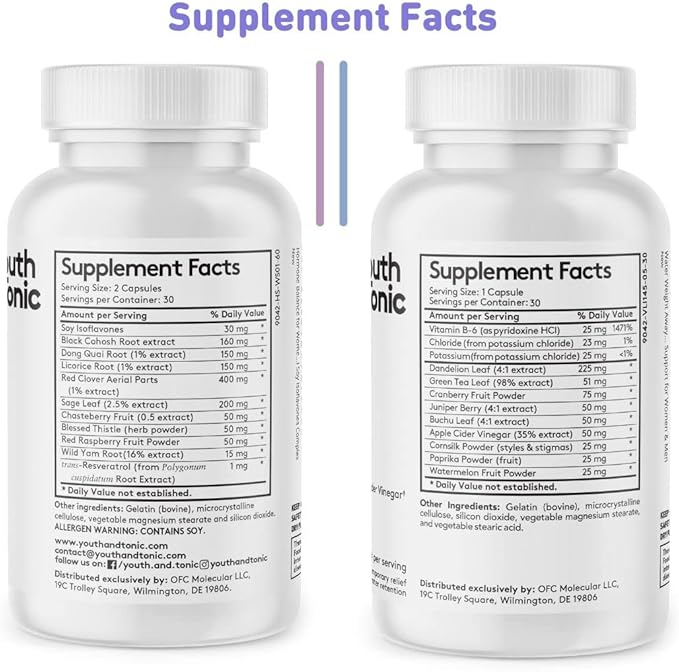 Youth & Tonic Water Retention Pills for Women and Hormone Balance Capsules for Swelling & Loss of Water and to Maintain Healthy Female Hormonal Level | 30 + 60 Capsules