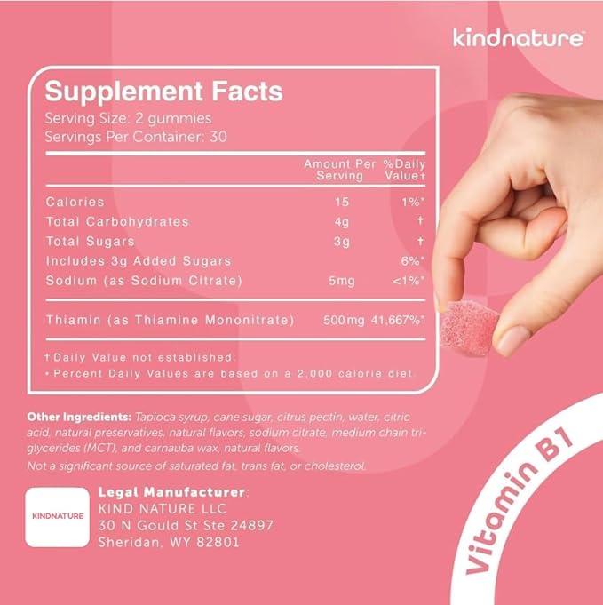 kindnature Vitamin B1 Gummies 500mg – High Potency Thiamine Supplement for Energy, Focus & Nervous System – Vegan, Non-GMO Chewable B1 Vitamins for Adults & Kids – Natural Strawberry Flavor – 60 Ct