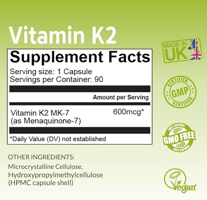 NutriZing K2 Vitamin Supplement MK-7 - High Strength 600mcg - Supports Bone & Arterial Health - 90 Vegan Capsules - Vitamin K2 for Men & Women - 3 Month Supply