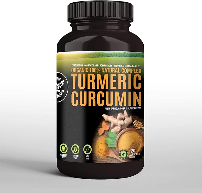 100% Raw and Organic Turmeric Curcumin Capsules. Certified Organic, Gluten-Free, Non-GMO, and Caffeine-Free. Enhanced with Garlic, Ginger and Black Pepper, 500mg, 120 Vegan Capsules