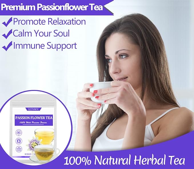 60 Premium Passion Flower Tea Bags, Made with 100% Natural Passionflower Leaves,Te De Pasiflora, Support Better Sleep & Relaxation, No Additives & Caffeine Free.