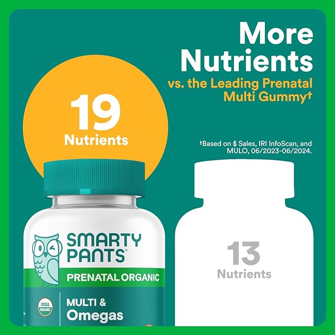 SmartyPants Organic Prenatal Vitamins for Women, Multivitamin Gummies: Biotin, Methylfolate, Omega 3 (ALA), Vitamin D3, C, Vitamin B12, B6, A, K2 & Zinc, Choline, Vegetarian, 120 Count (30 Day Supply)